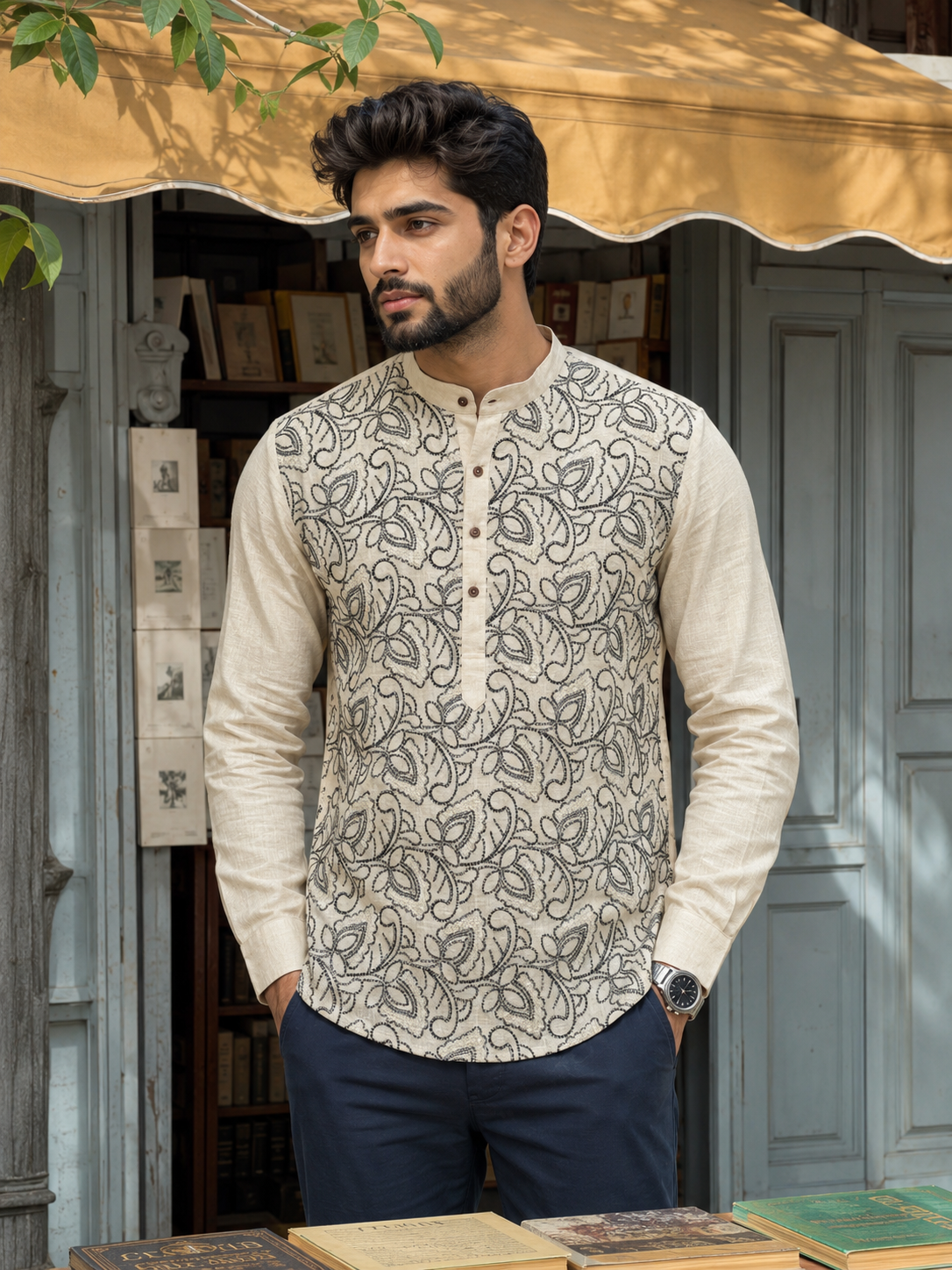 Men’s Beige & Black Paisley Embroidered Cotton Short Kurta