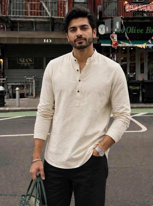 Men’s Ivory Embroidered Cotton Linen Short Kurta Shirt
