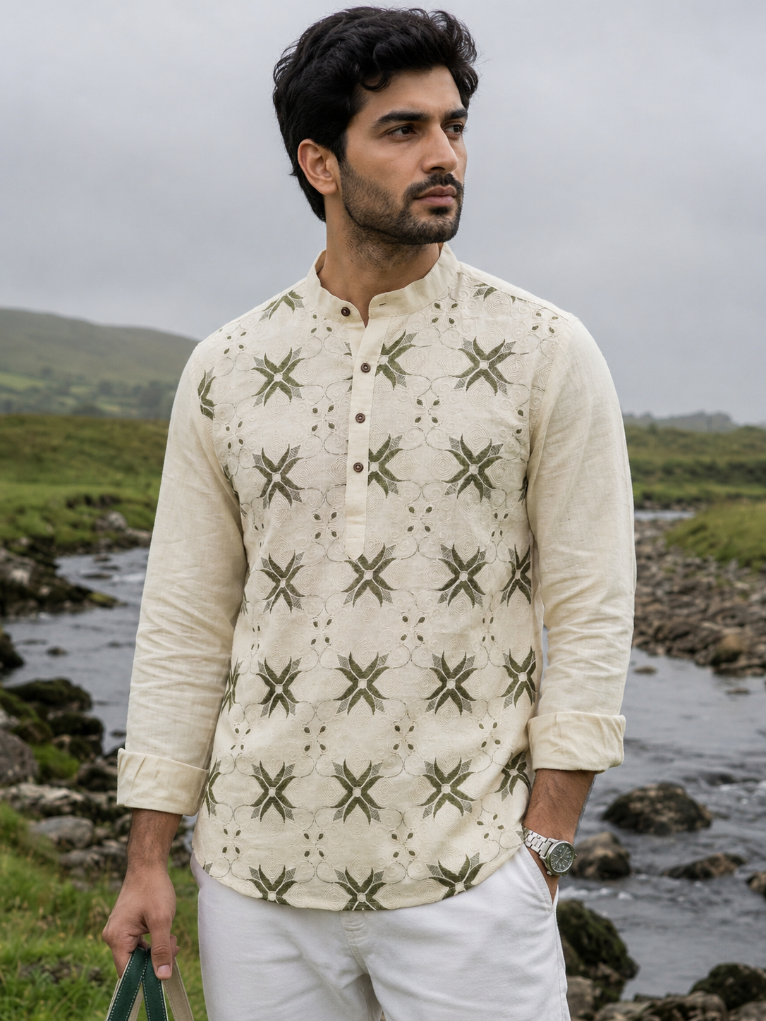 Men’s Cream & Olive Floral Embroidered Cotton Short Kurta