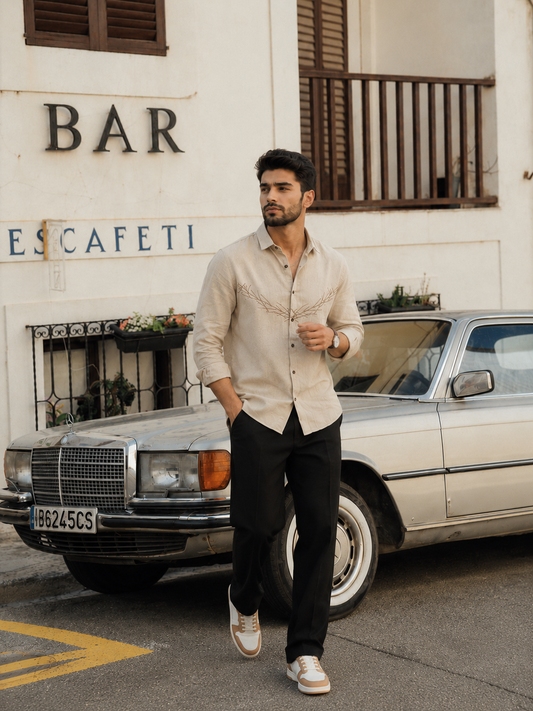 Beige Embroidered Cotton-Linen Shirt for Men