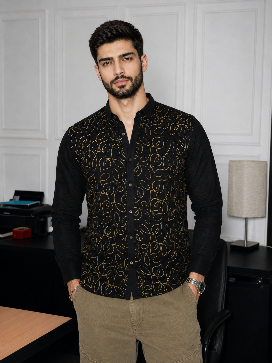Men’s Gold Geometric Embroidered Premium Shirt