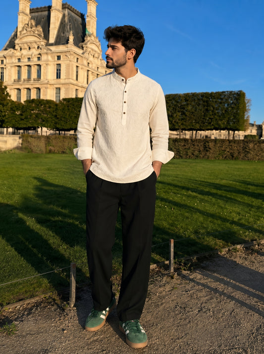 Men’s Off-White Floral Embroidered Premium Short Kurta