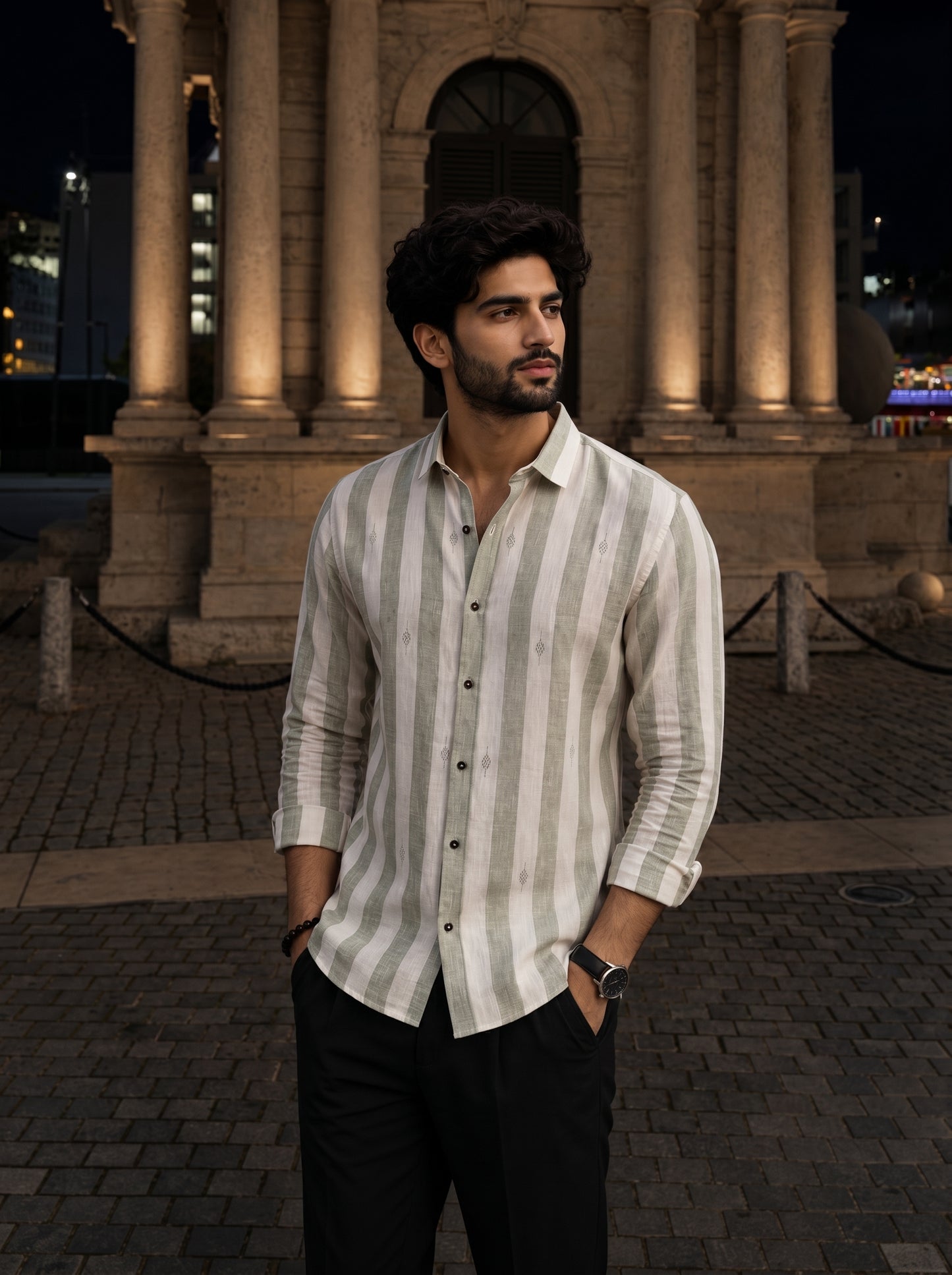 Men's Pastel Green Vertical Striped Embroidered Shirt