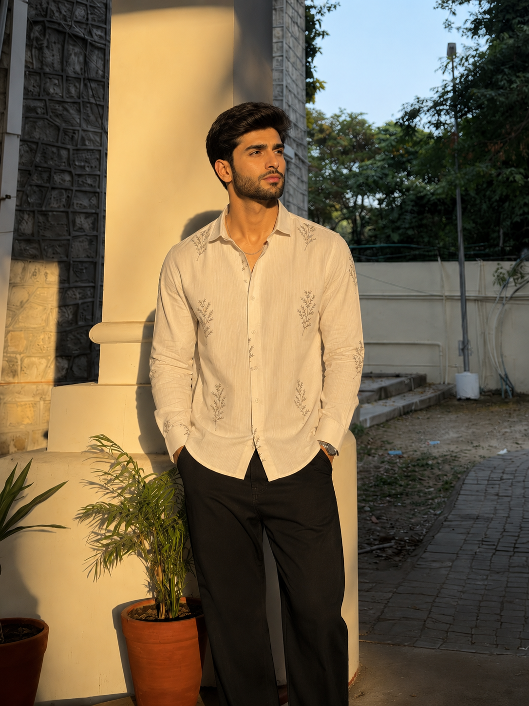 Minimal Fern Embroidery Shirt for Men