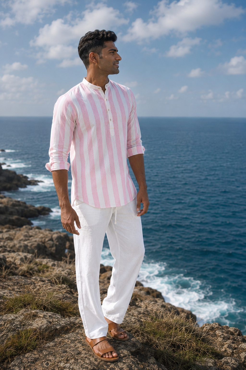 Men's Striped Short Kurta Shirt with Ethnic Embroidery