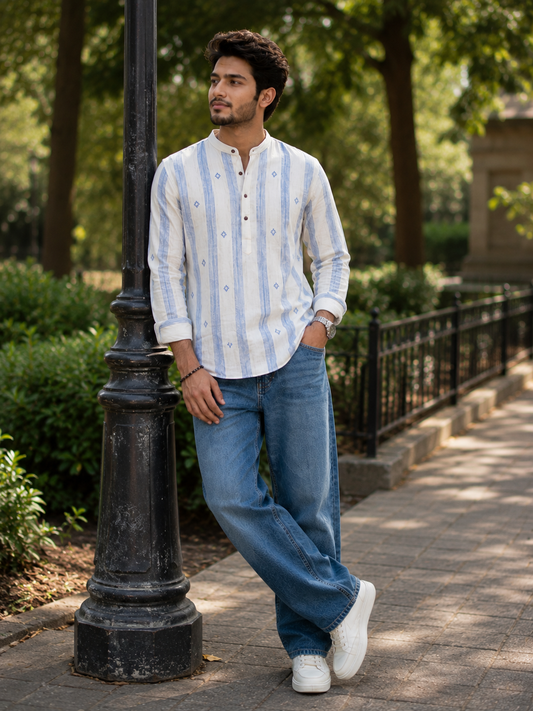 Men’s Blue Striped Embroidered Short Kurta Shirt