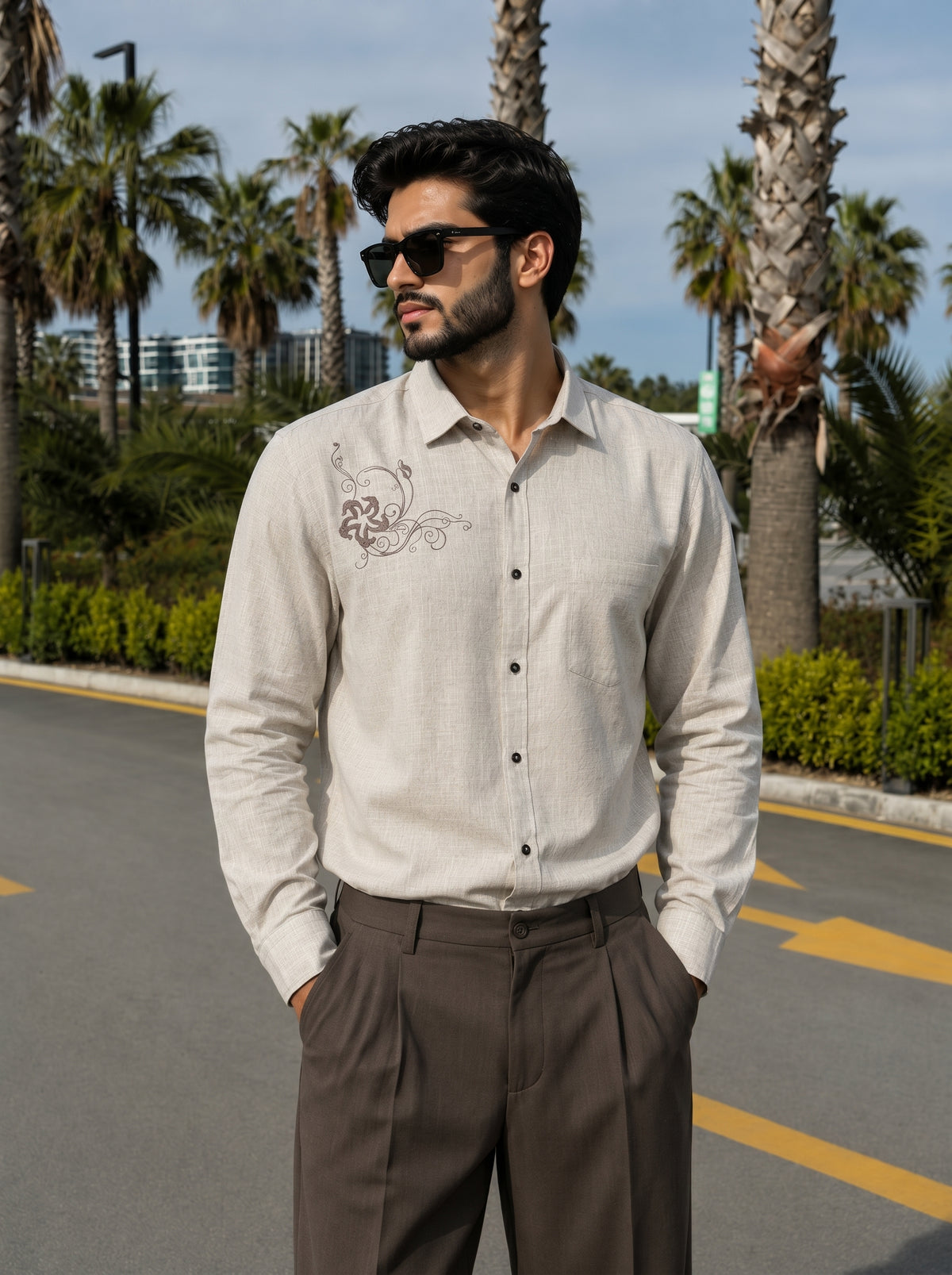 Men’s beige Floral Embroidered Cotton-Linen Shirt