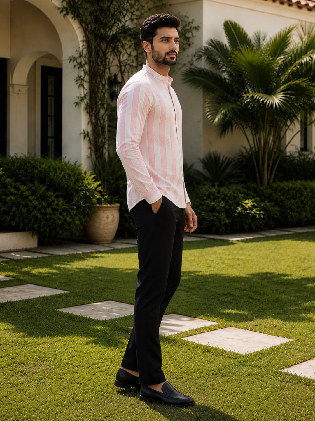 Men's Striped Short Kurta Shirt with Ethnic Embroidery