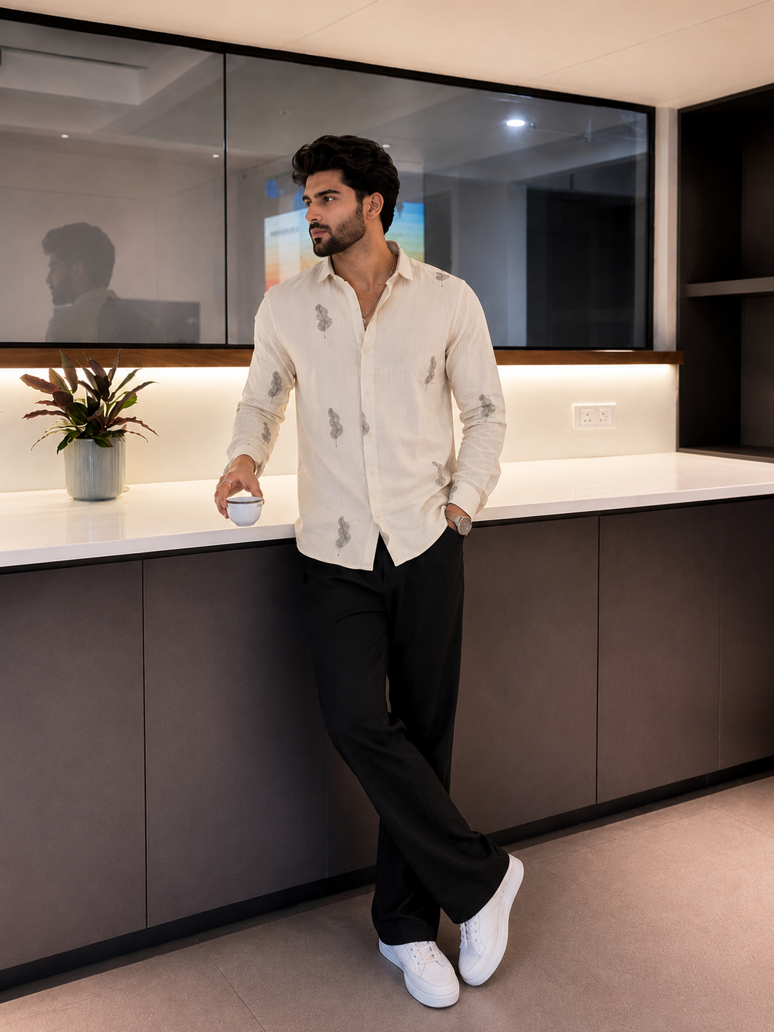 Vibe Craft Men's Feather Embroidery Textured Cotton Shirt