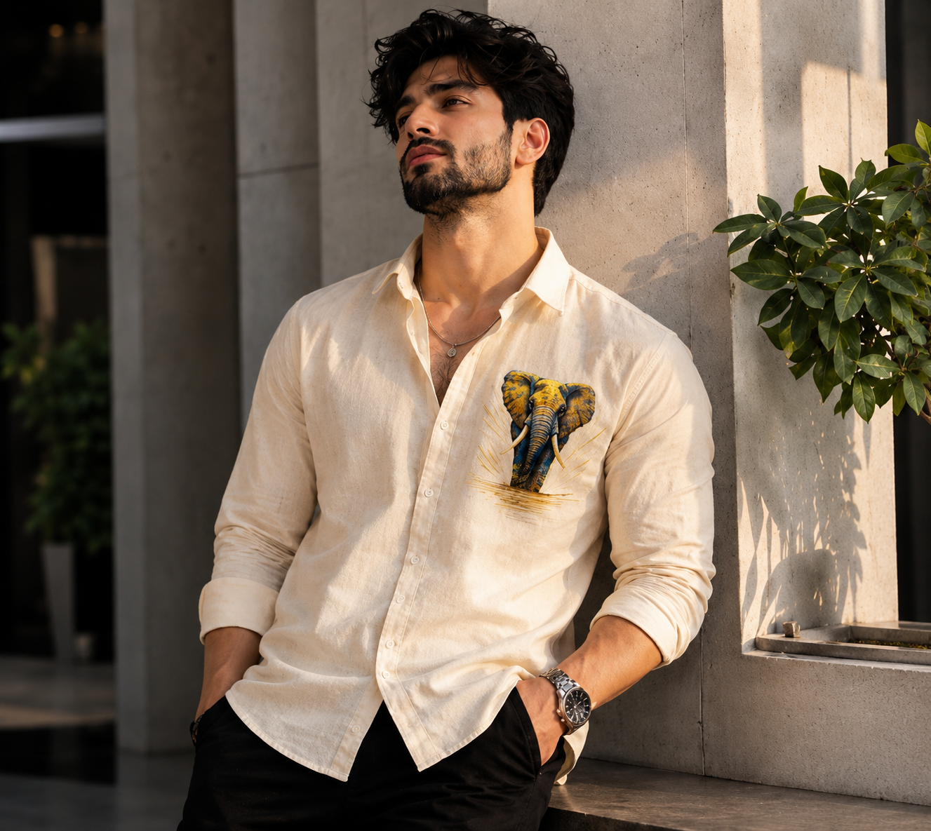 Men’s Ivory Elephant Motif Graphic Cotton Linen Shirt