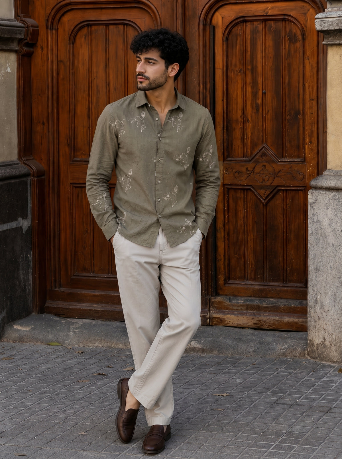 Vibe Craft Men's Tulip Embroidery Textured Cotton Shirt