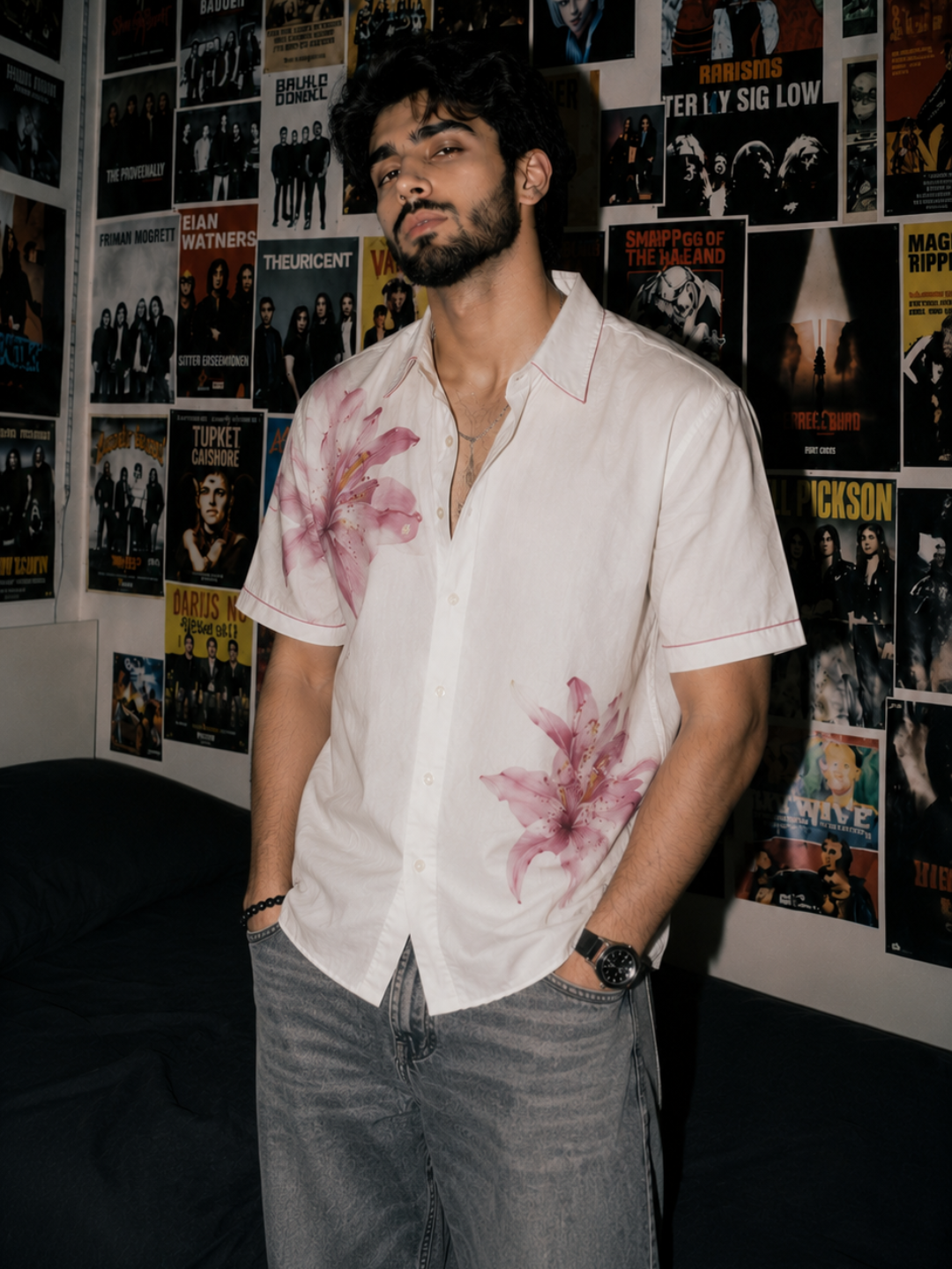 Vibe Craft White Lily Graphic Print Short Sleeve Shirt for Men