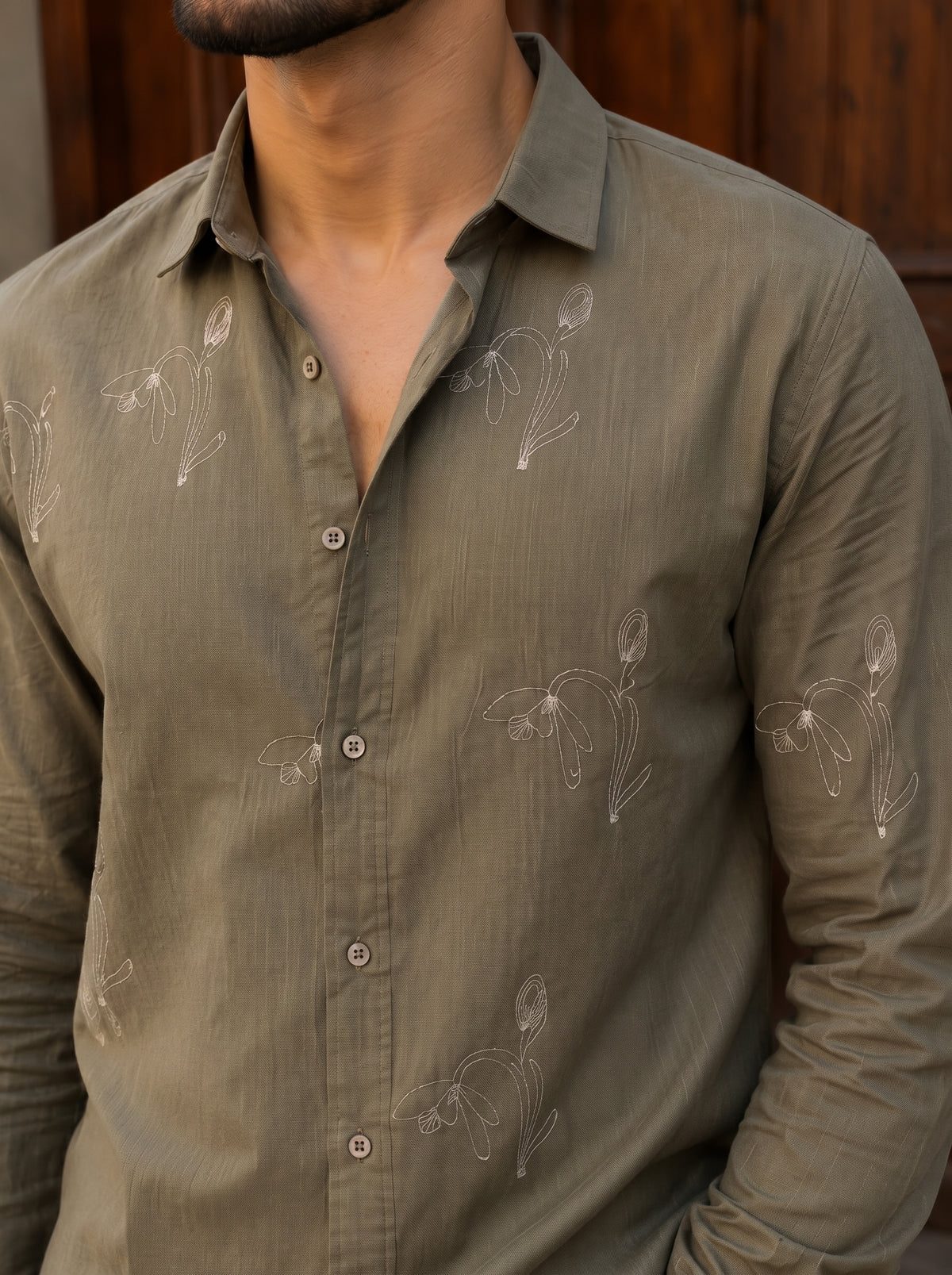 Vibe Craft Men's Tulip Embroidery Textured Cotton Shirt