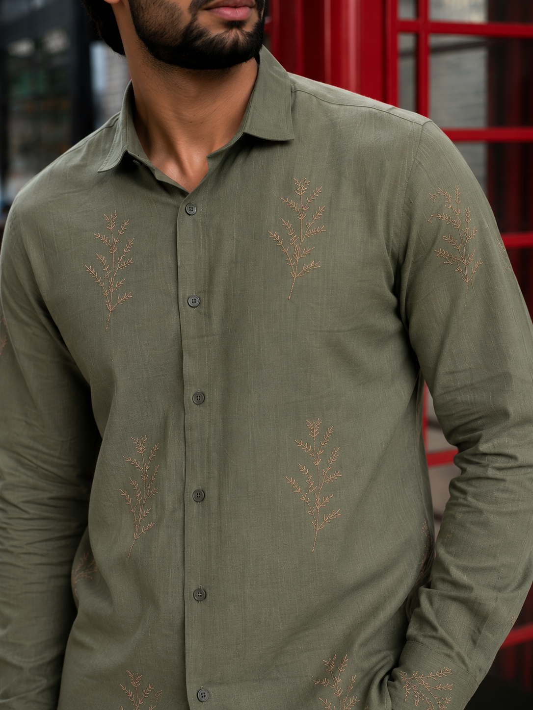 Minimal Fern Embroidery Shirt for Men