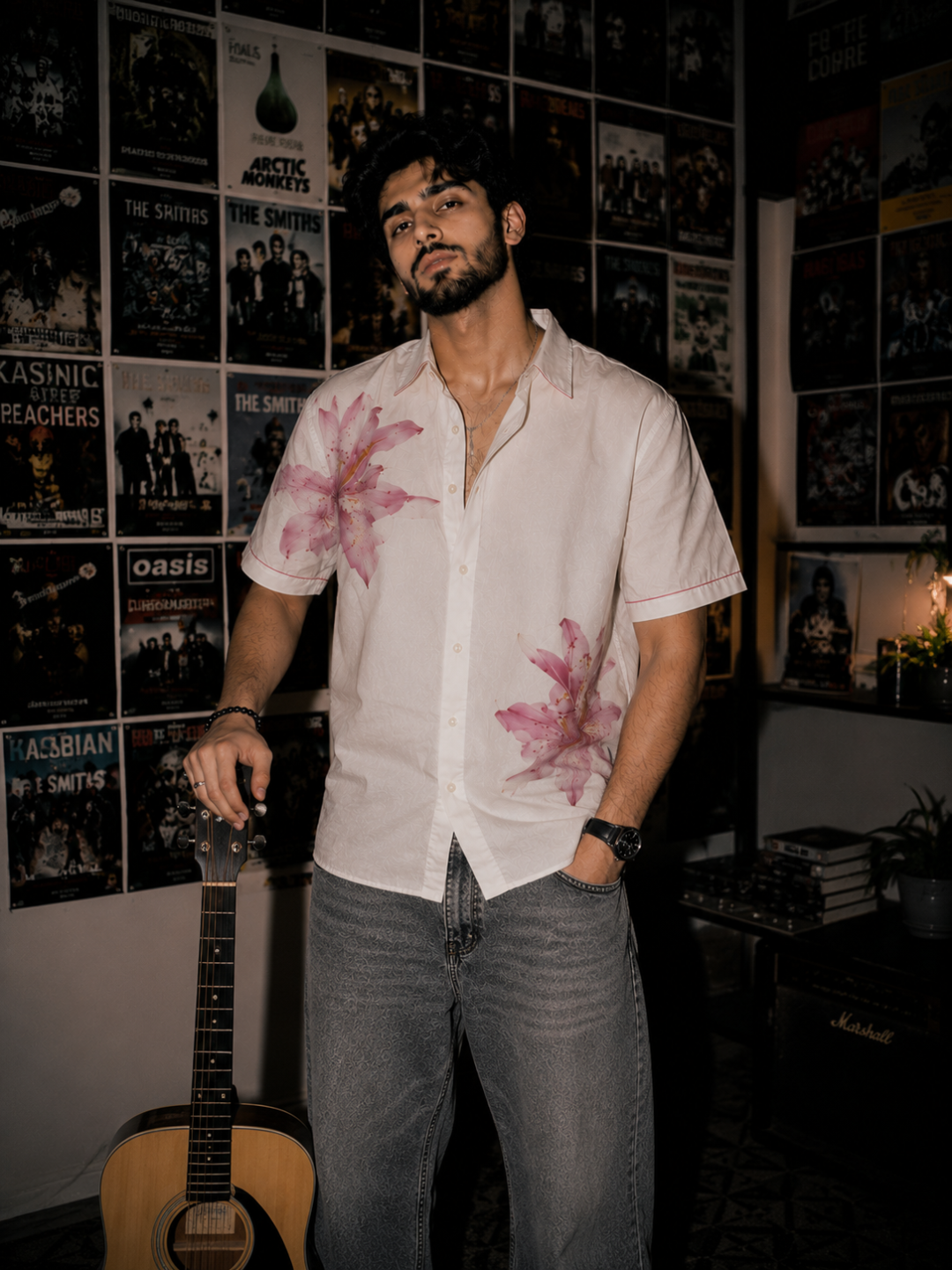 Vibe Craft White Lily Graphic Print Short Sleeve Shirt for Men