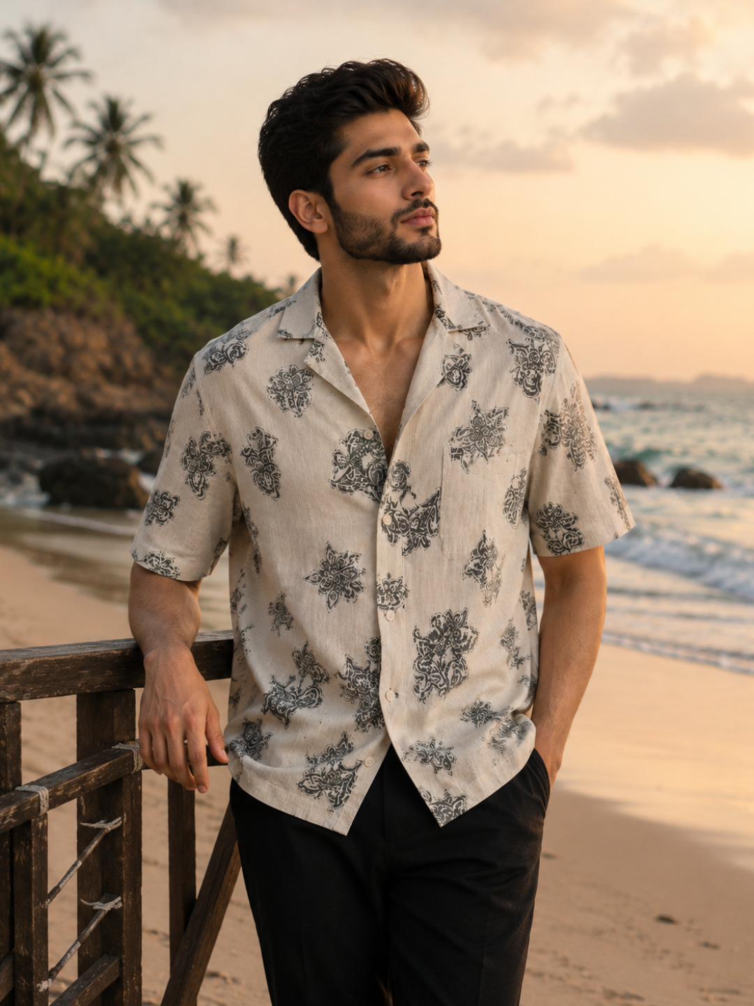 Men's Beige Paisley Print Resort Shirt