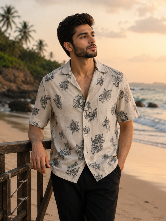 Men's Beige Paisley Print Resort Shirt