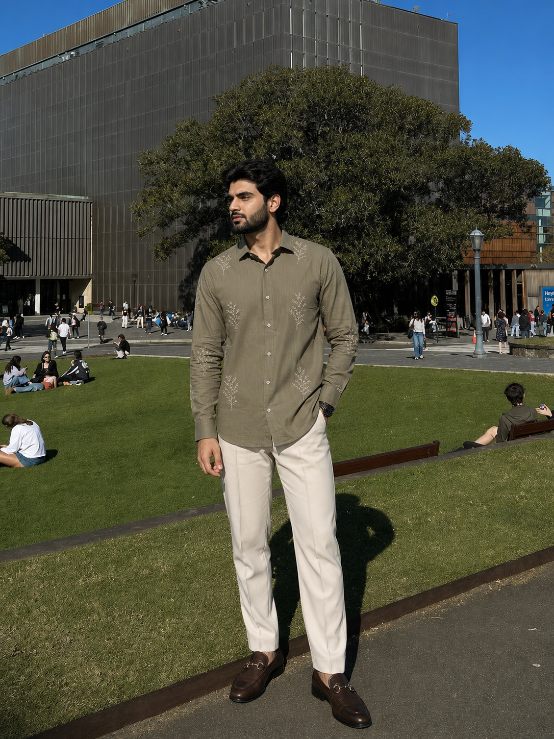 Minimal Fern Embroidery Shirt for Men