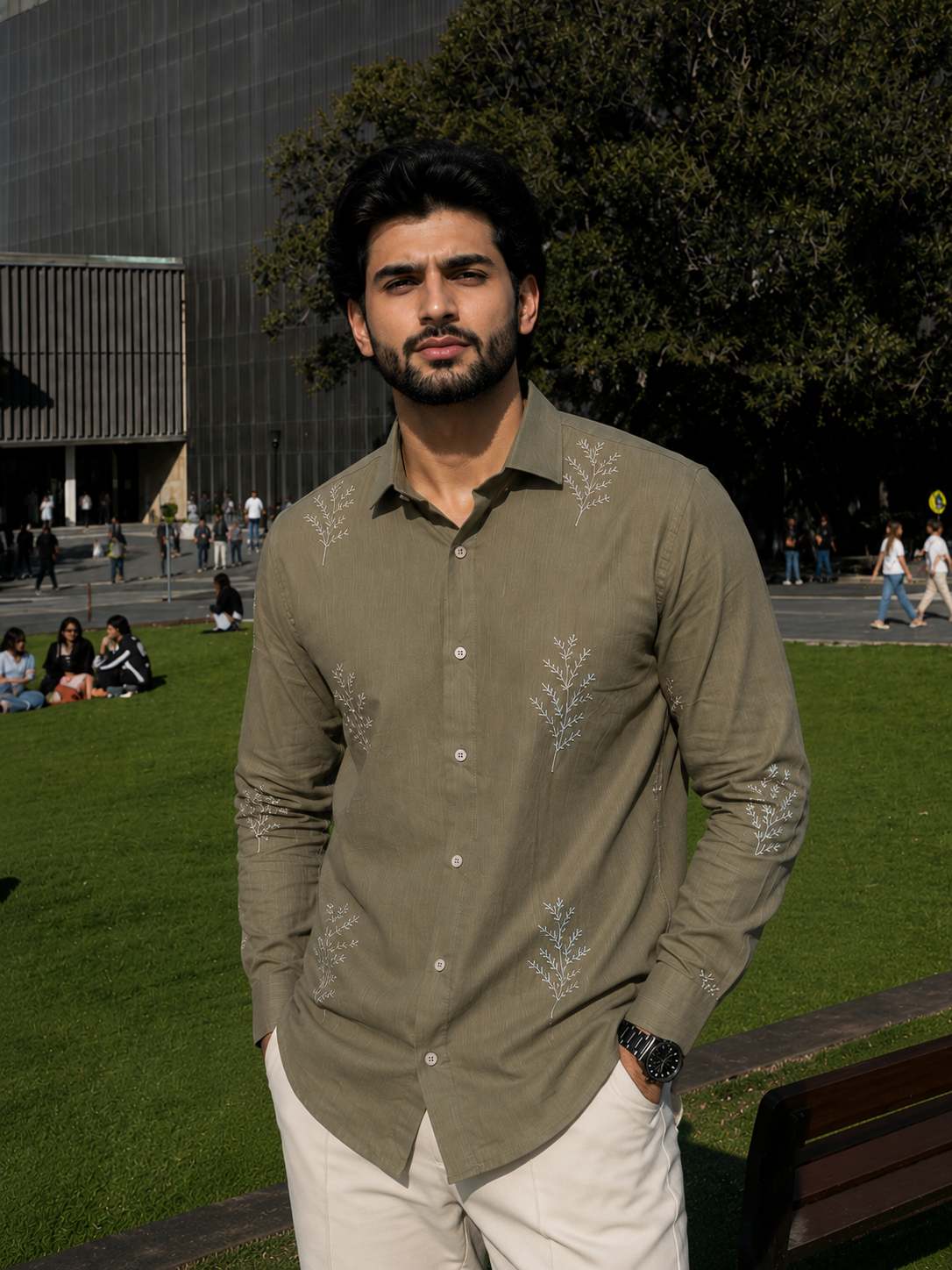 Minimal Fern Embroidery Shirt for Men