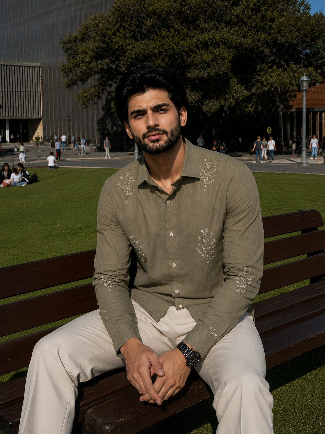 Minimal Fern Embroidery Shirt for Men