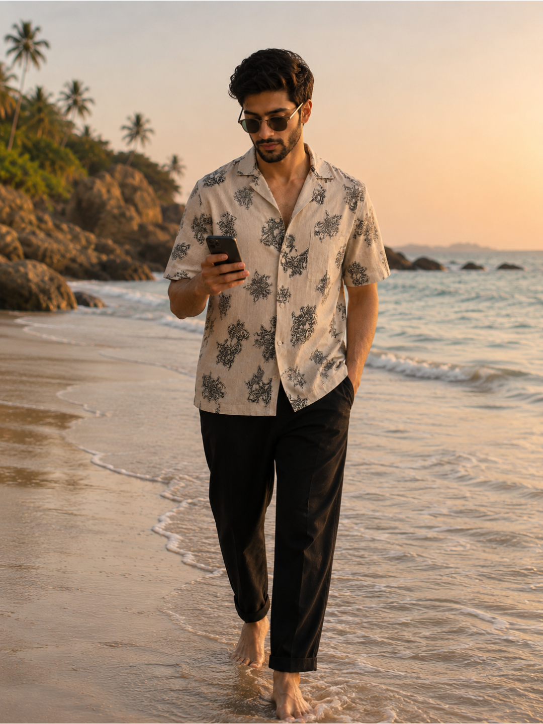 Men's Beige Paisley Print Resort Shirt