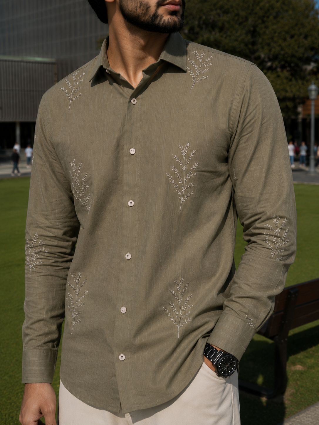 Minimal Fern Embroidery Shirt for Men