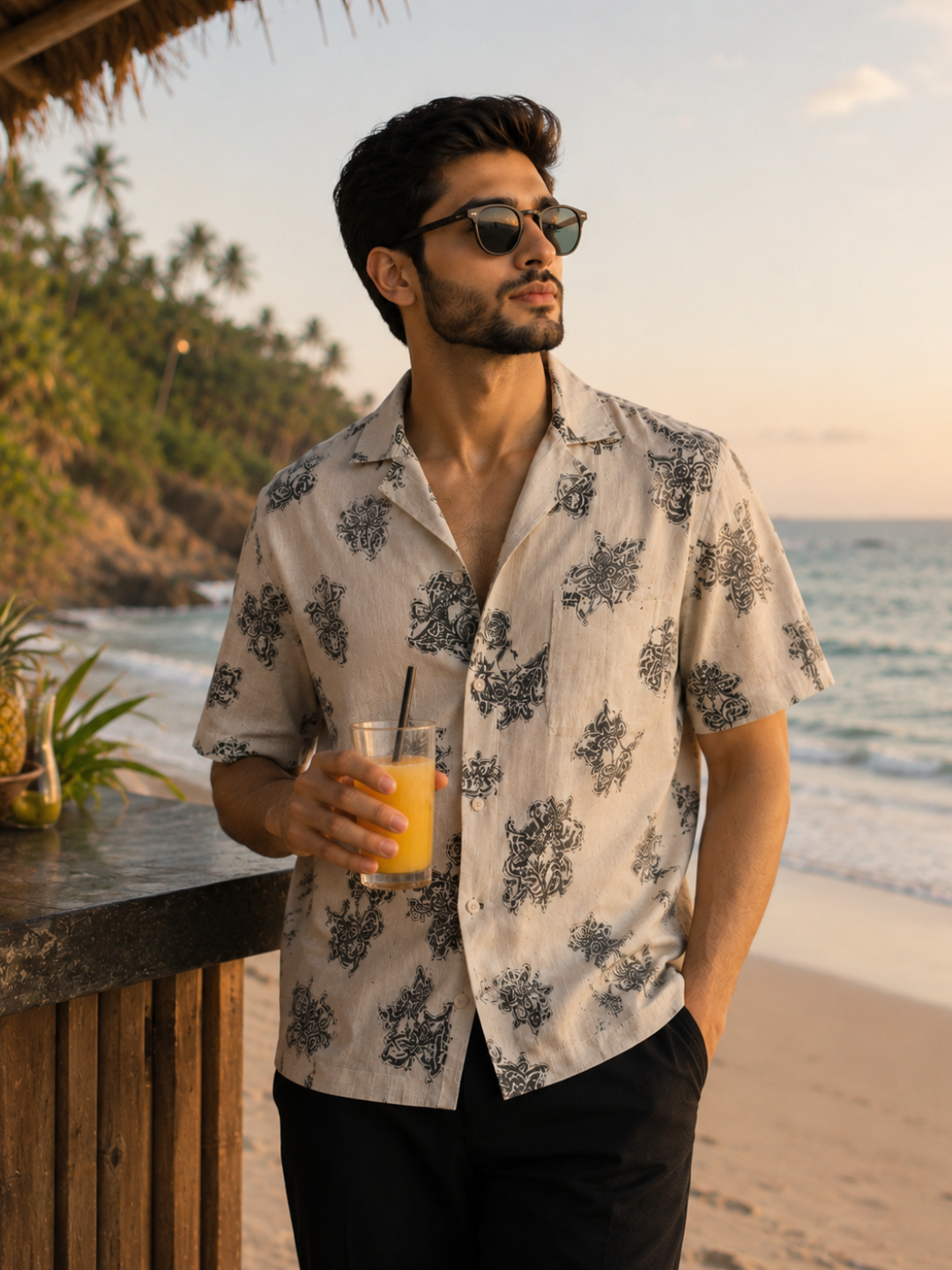 Men's Beige Paisley Print Resort Shirt