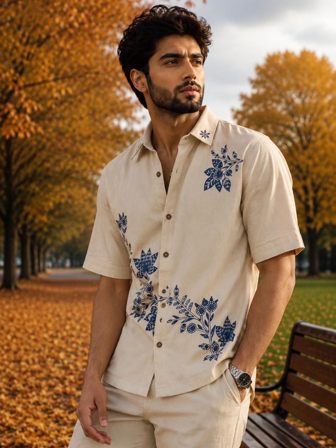 Premium Beige Placement Graphic Print Shirt for Men