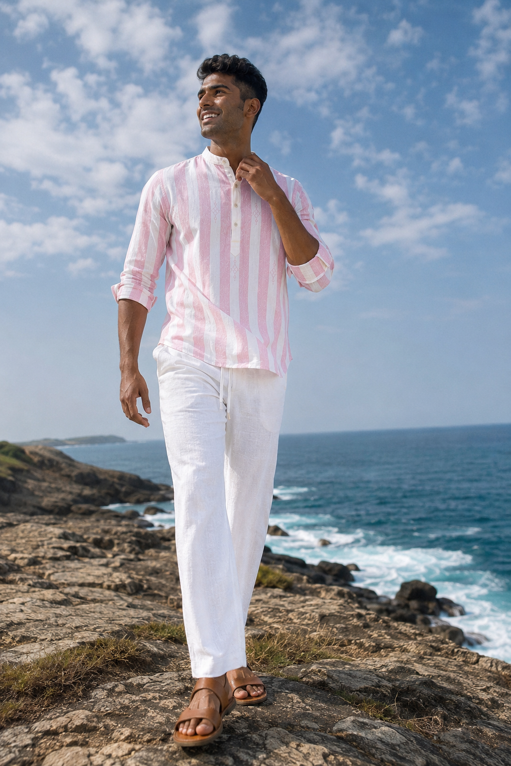 Men's Striped Short Kurta Shirt with Ethnic Embroidery