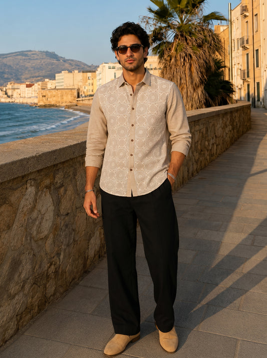 Beige Geometric Embroidered Premium Cotton Linen Men's Shirt
