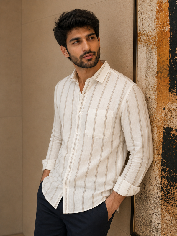 Men’s Beige Vertical Stripe Linen Shirt