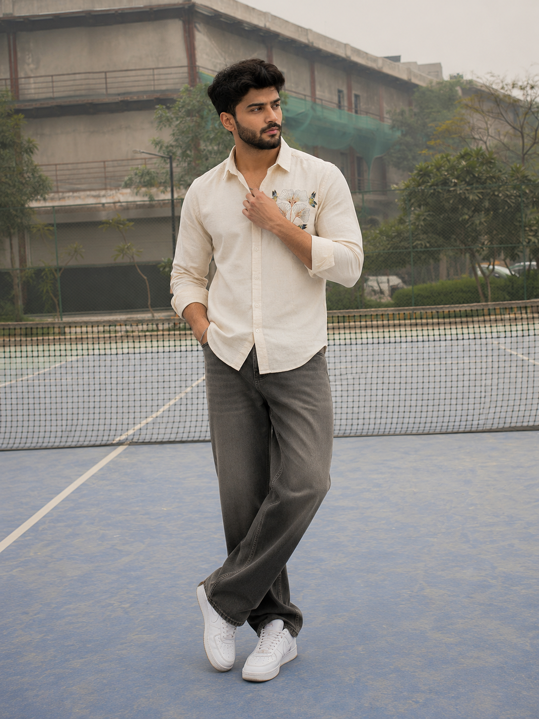 Men’s Cream Nature Motif Graphic Embroidered Linen Shirt