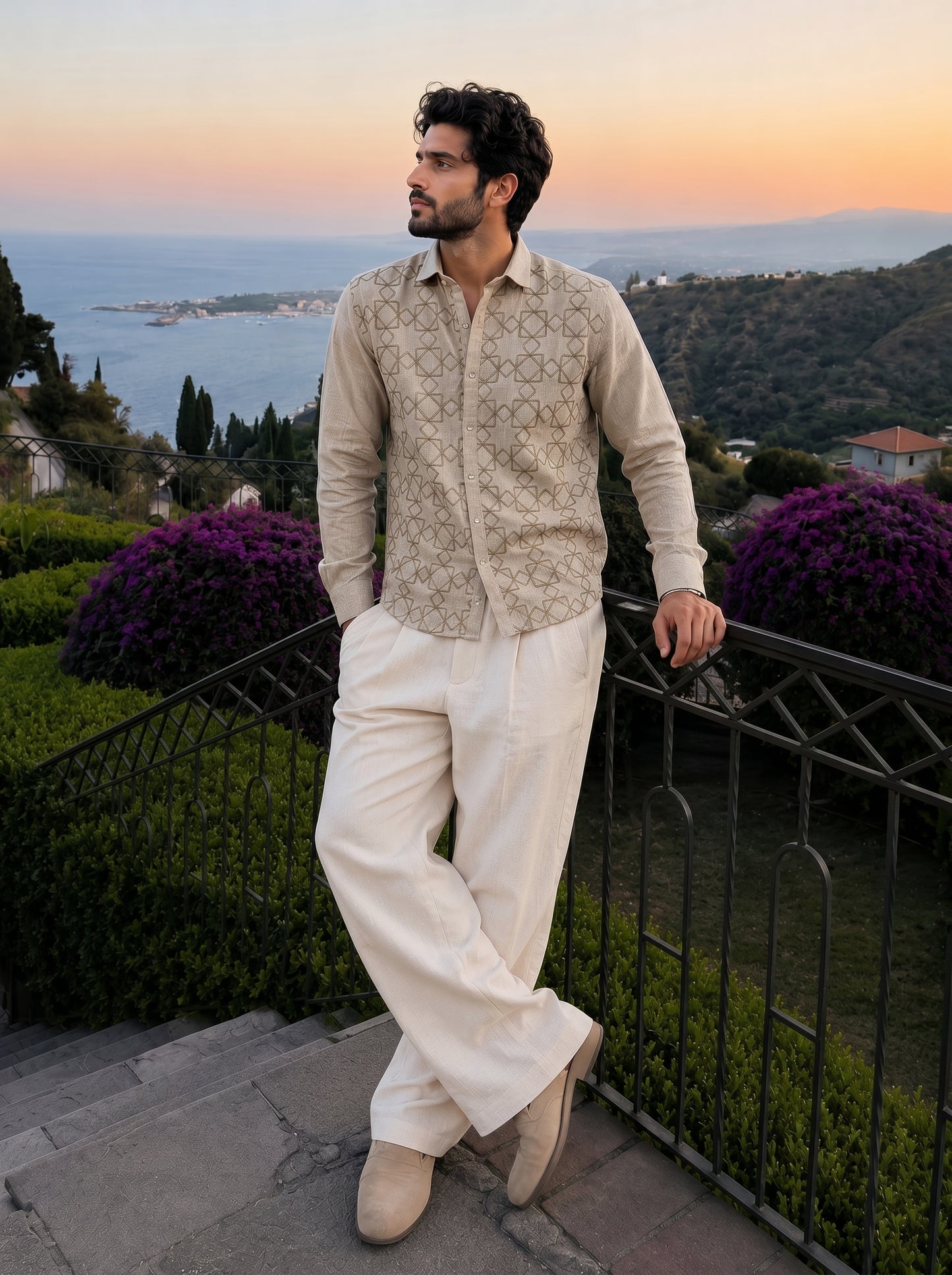Beige Jute Embroidered Geometric Shirt for Men