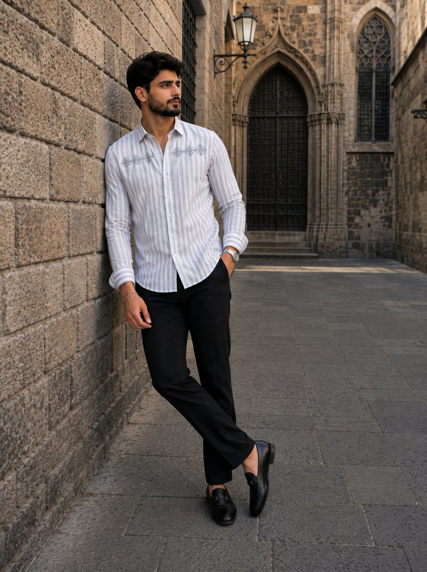 Men’s Beige Baroque Embroidered Premium Cotton Linen Shirt