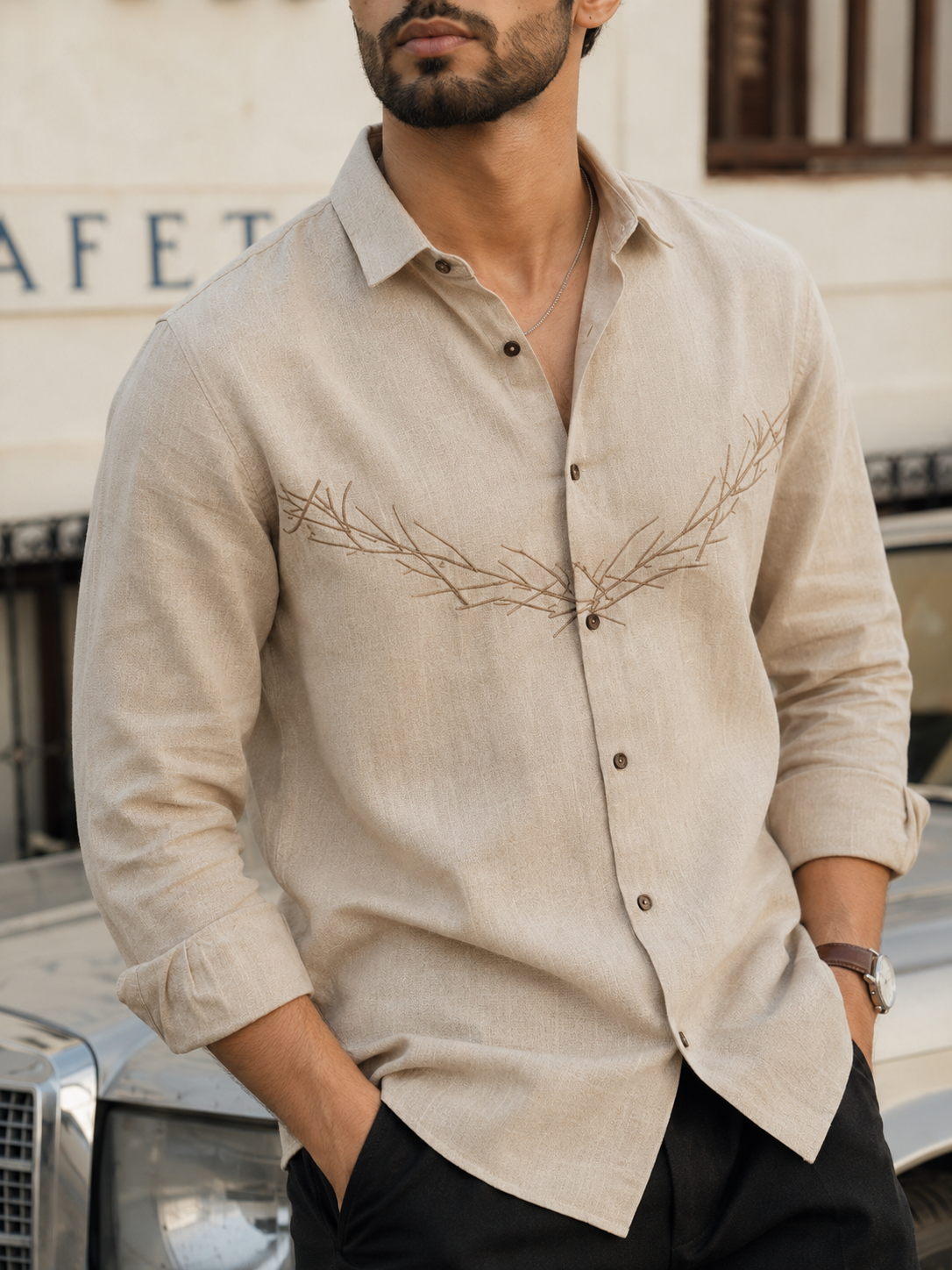 Beige Embroidered Cotton-Linen Shirt for Men
