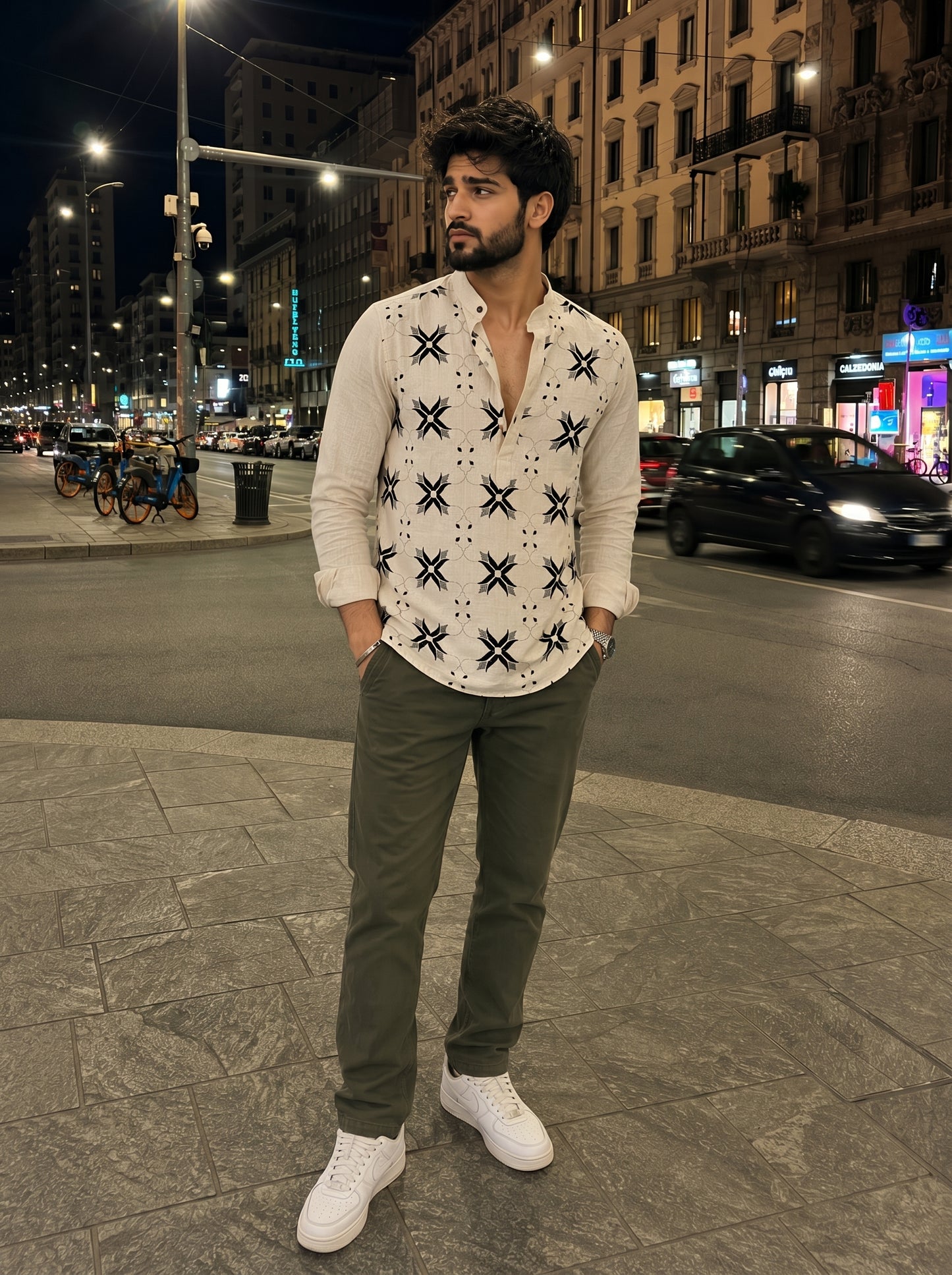 Men’s Cream Short Kurta with Olive Green Floral Embroidery