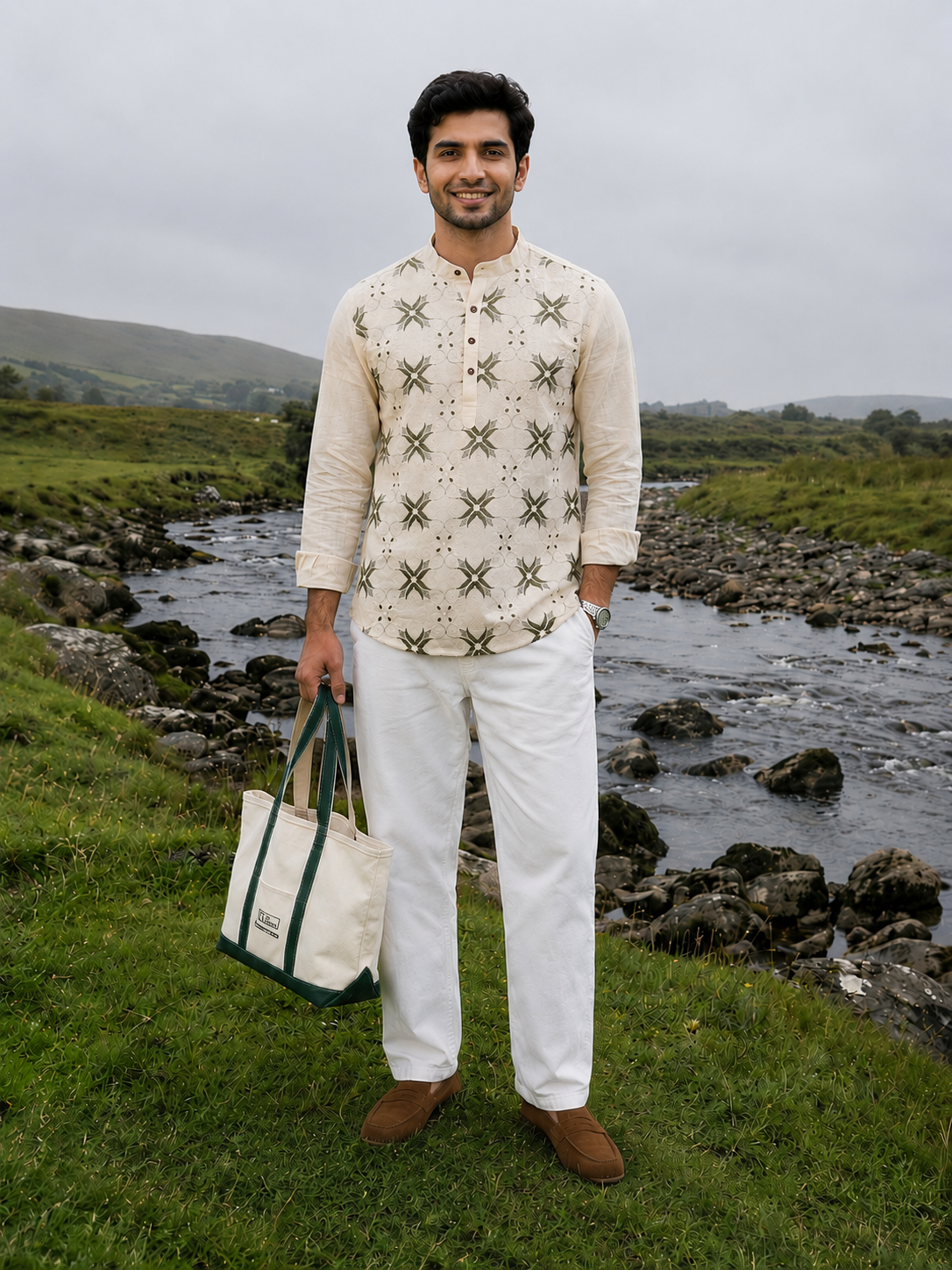 Men’s Cream & Olive Floral Embroidered Cotton Short Kurta