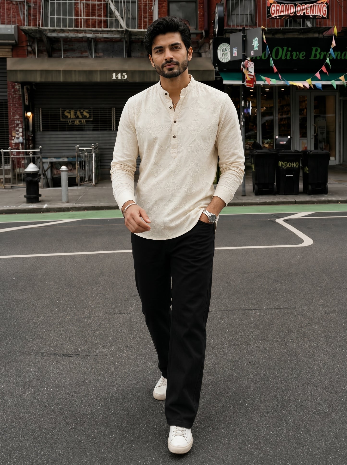 Men’s Ivory Embroidered Cotton Linen Short Kurta Shirt