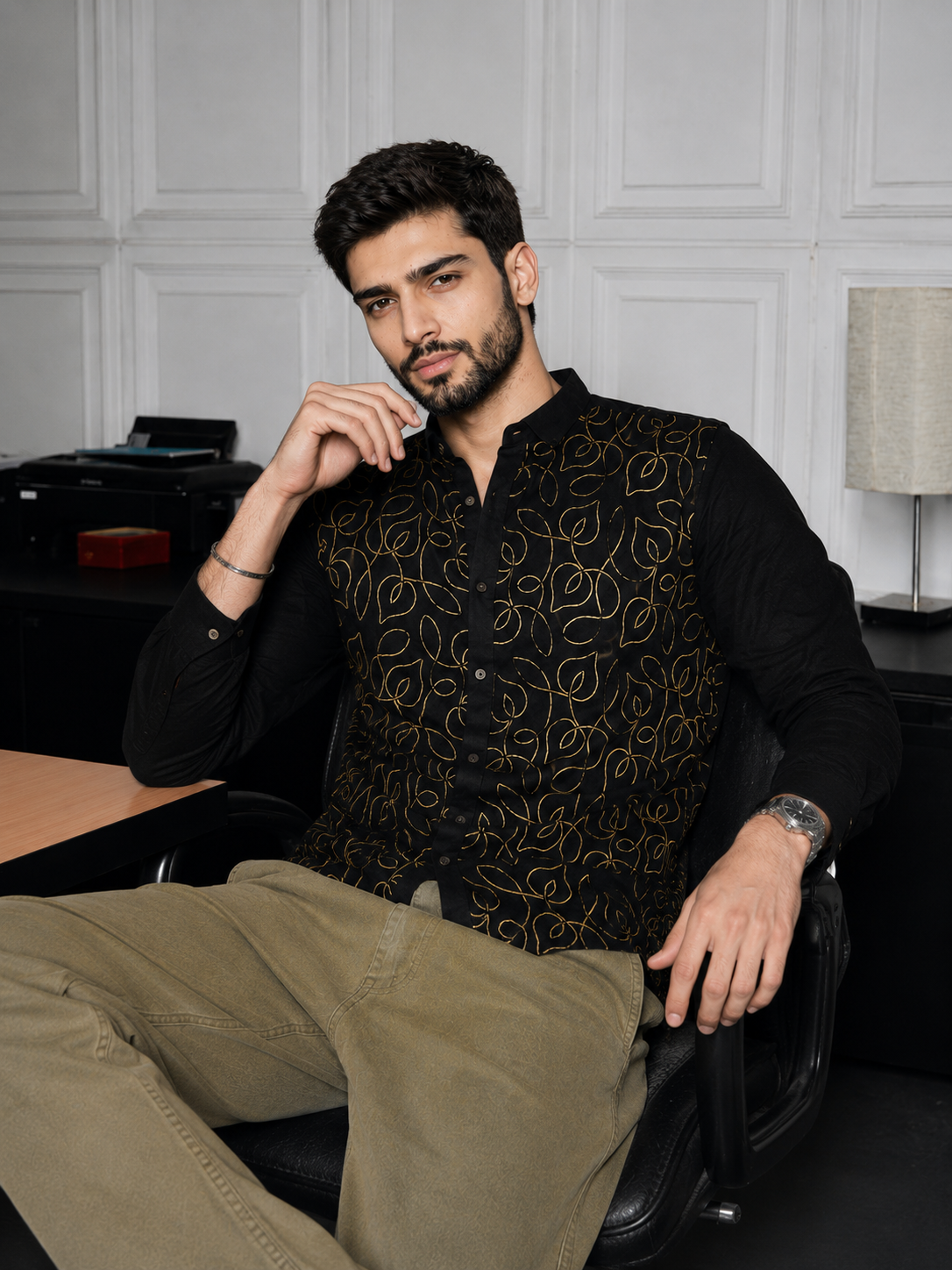Men’s Gold Geometric Embroidered Premium Shirt