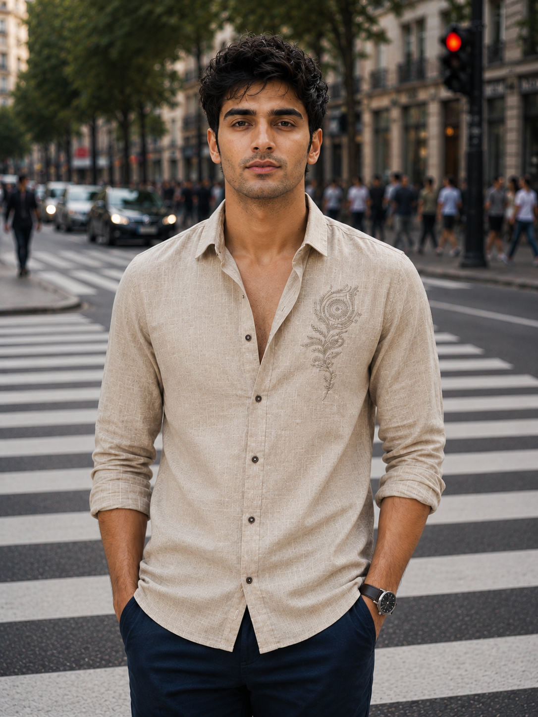 Men’s Beige Flex Cotton Shirt with Feather Embroidery Shirt