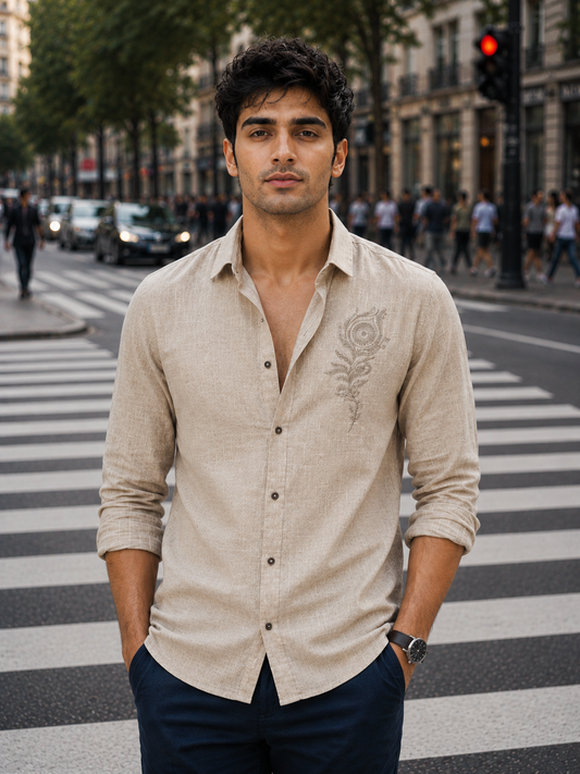 Men’s Beige Flex Cotton Shirt with Feather Embroidery Shirt