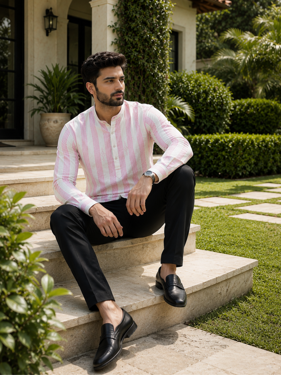 Men's Striped Short Kurta Shirt with Ethnic Embroidery