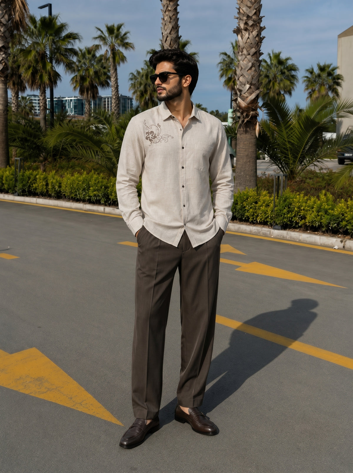Men’s beige Floral Embroidered Cotton-Linen Shirt