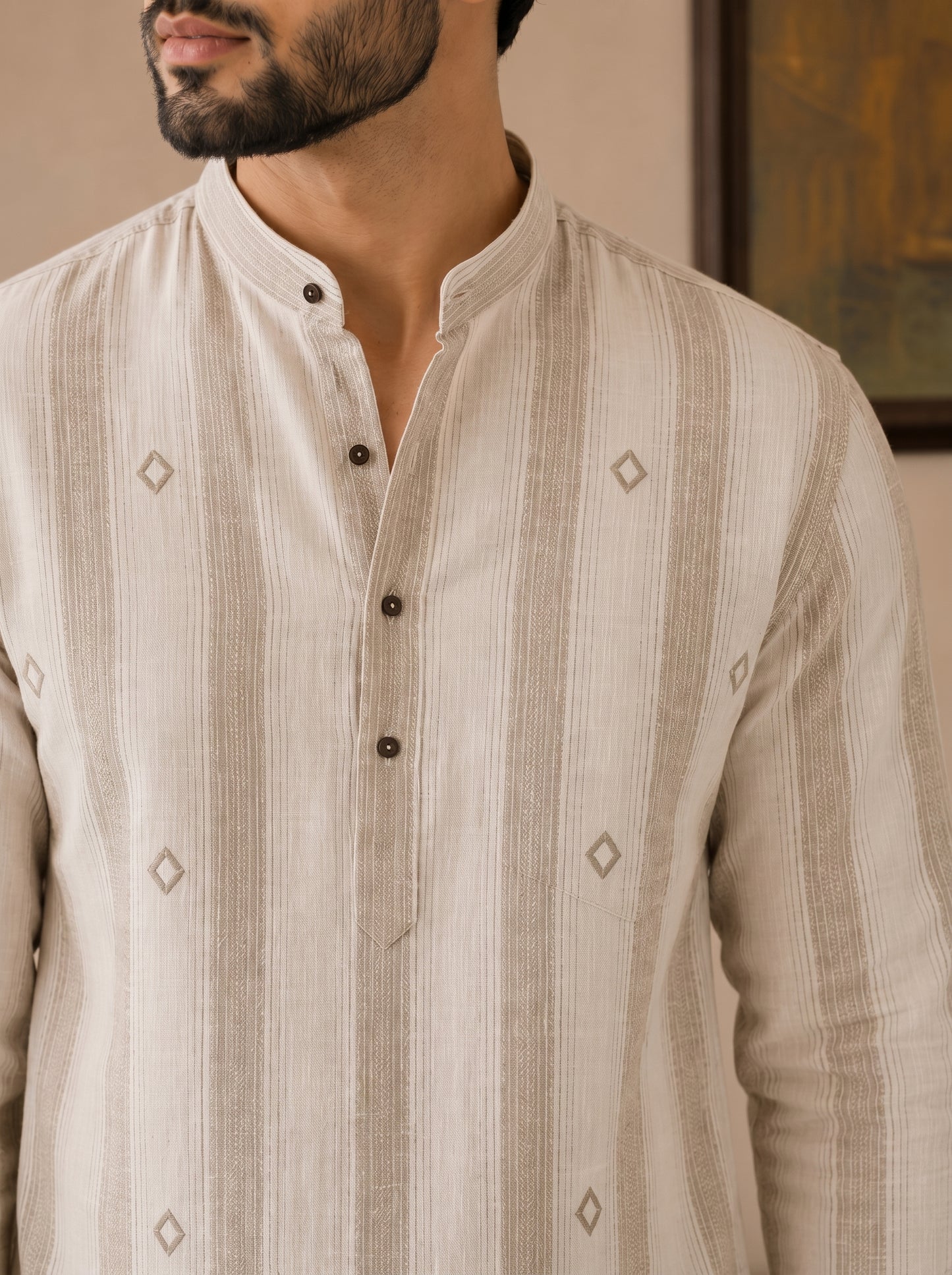 Men’s Beige Striped Kurta Shirt with Subtle Embroidery