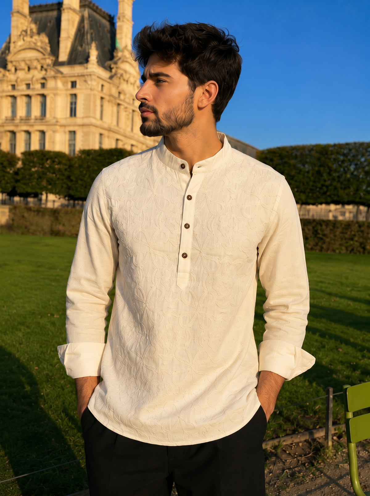 Men’s Off-White Floral Embroidered Premium Short Kurta
