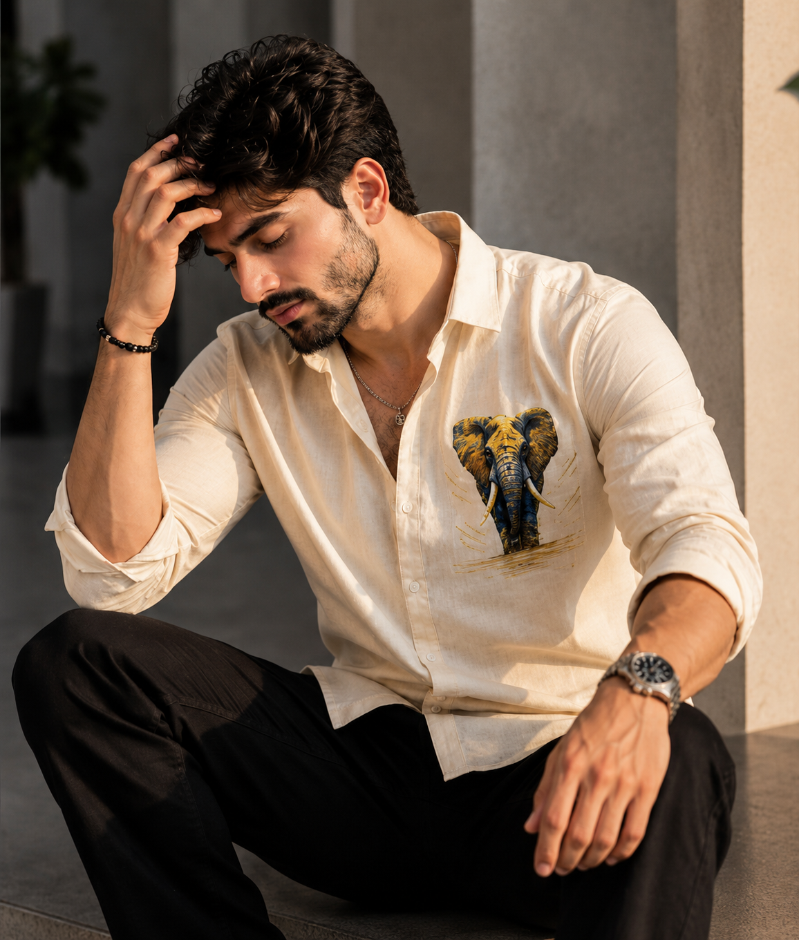 Men’s Ivory Elephant Motif Graphic Cotton Linen Shirt