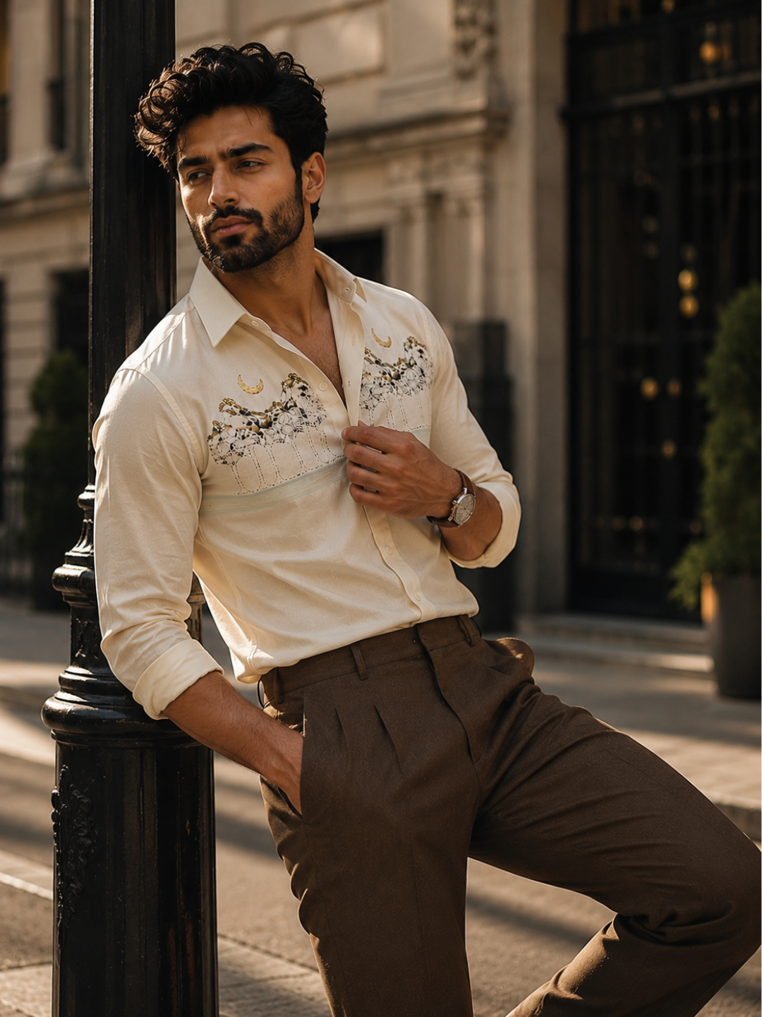 Men’s Beige Abstract Watercolor Graphic Cotton Linen Shirt