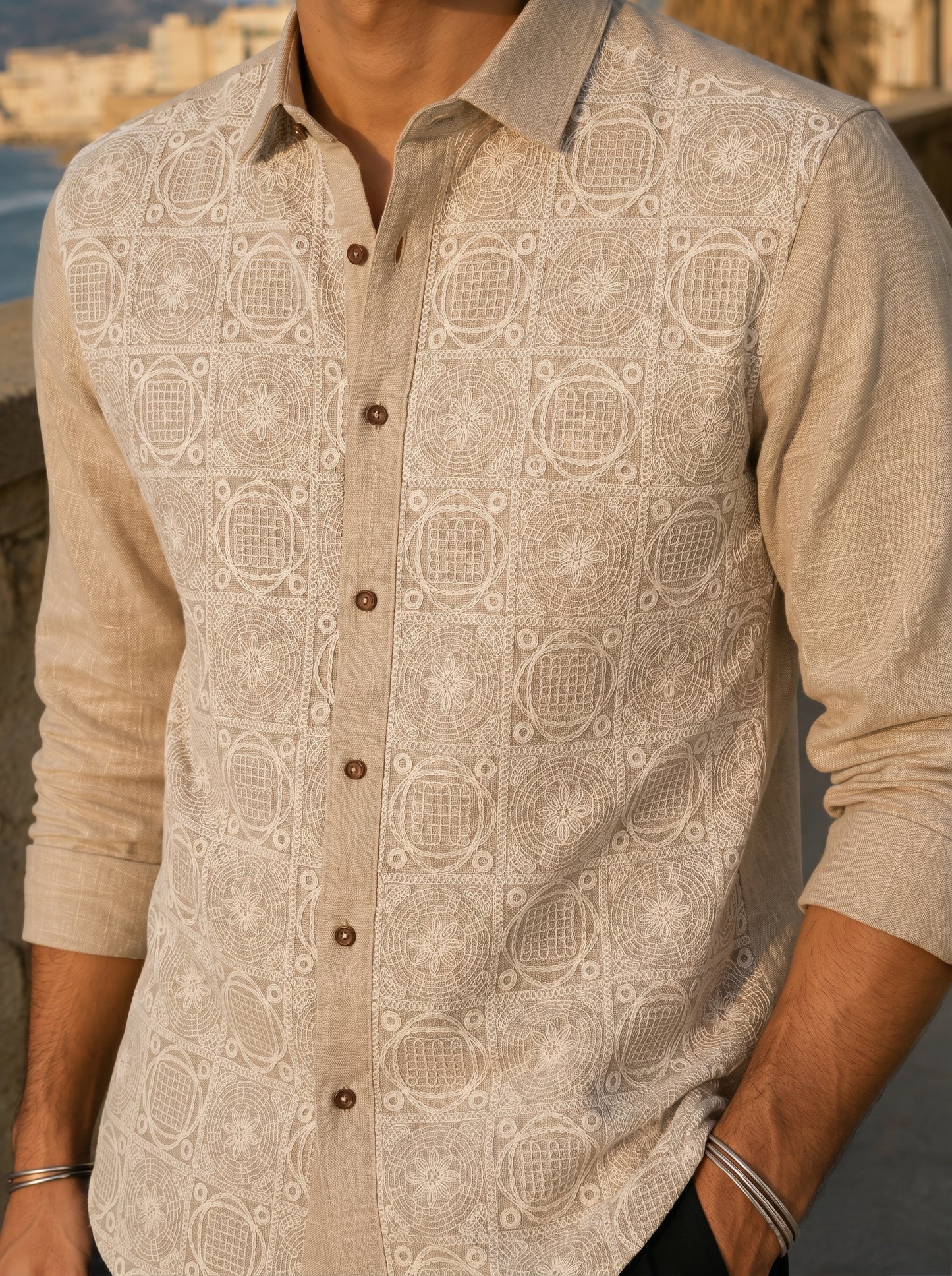 Beige Geometric Embroidered Premium Cotton Linen Men's Shirt