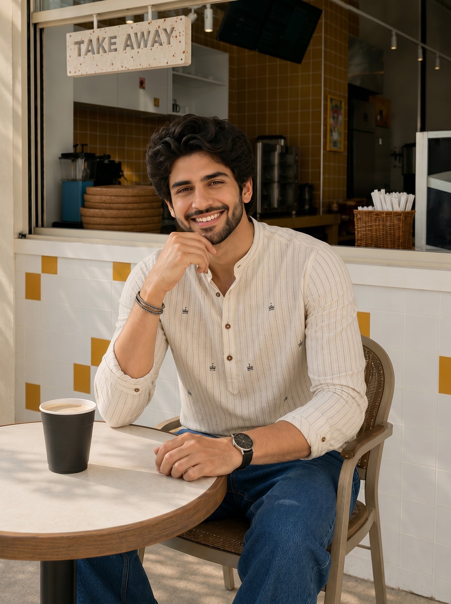 Men’s Striped Embroidery Kurta Shirt