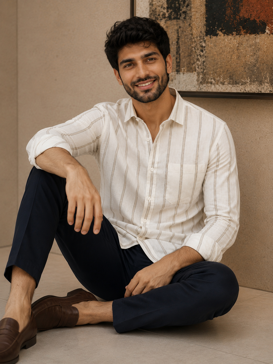 Men’s Beige Vertical Stripe Linen Shirt